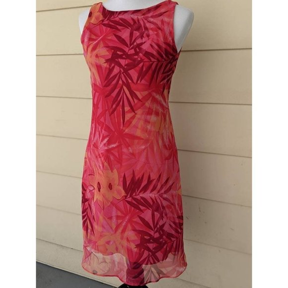 Flirty Orange Red Floral Sleeveless Summer Dress Low Back Stretch Sheer Tropical - Picture 5 of 8